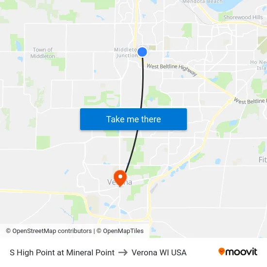 S High Point at Mineral Point to Verona WI USA map