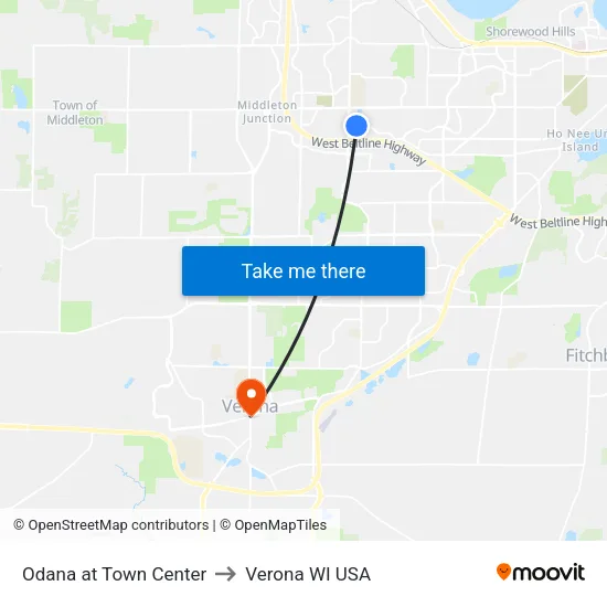Odana at Town Center to Verona WI USA map