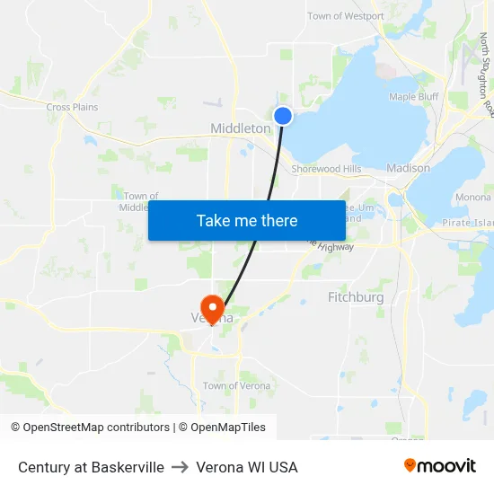Century at Baskerville to Verona WI USA map