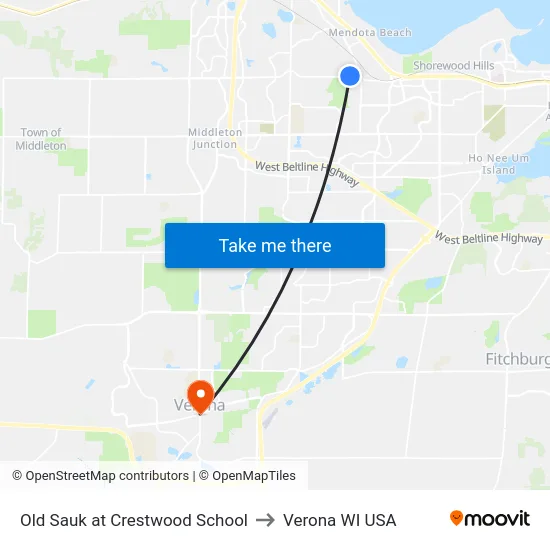 Old Sauk at Crestwood School to Verona WI USA map