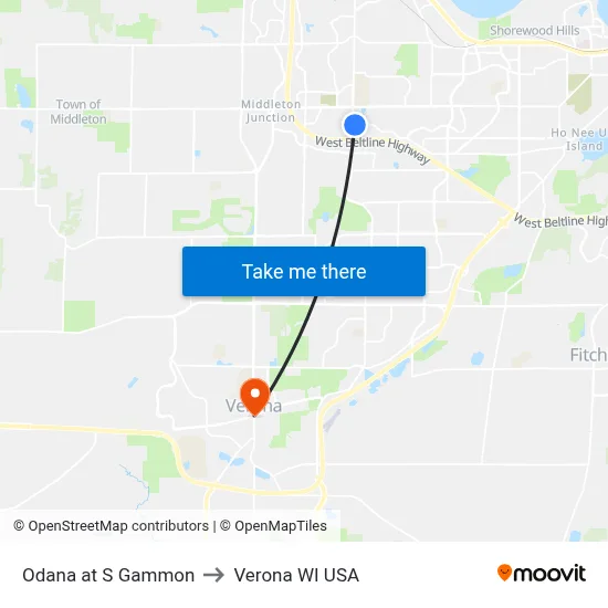 Odana at S Gammon to Verona WI USA map