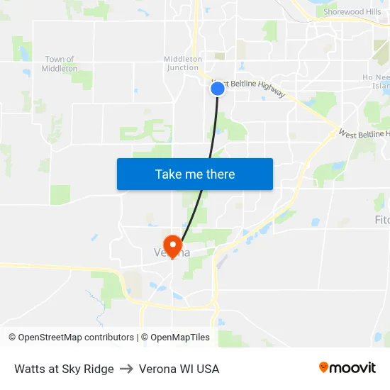 Watts at Sky Ridge to Verona WI USA map