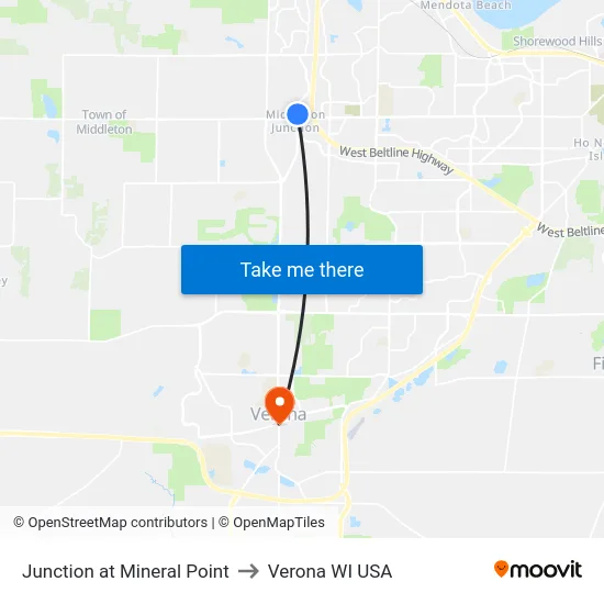 Junction at Mineral Point to Verona WI USA map