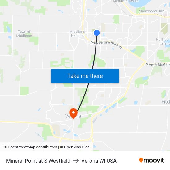 Mineral Point at S Westfield to Verona WI USA map