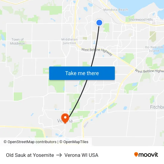 Old Sauk at Yosemite to Verona WI USA map