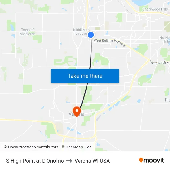 S High Point at D'Onofrio to Verona WI USA map