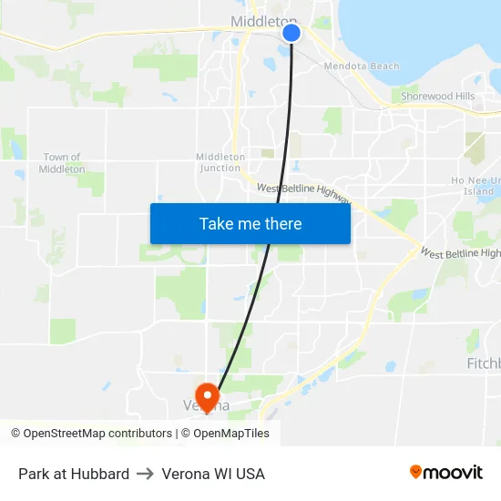 Park at Hubbard to Verona WI USA map
