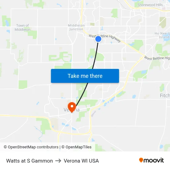 Watts at S Gammon to Verona WI USA map