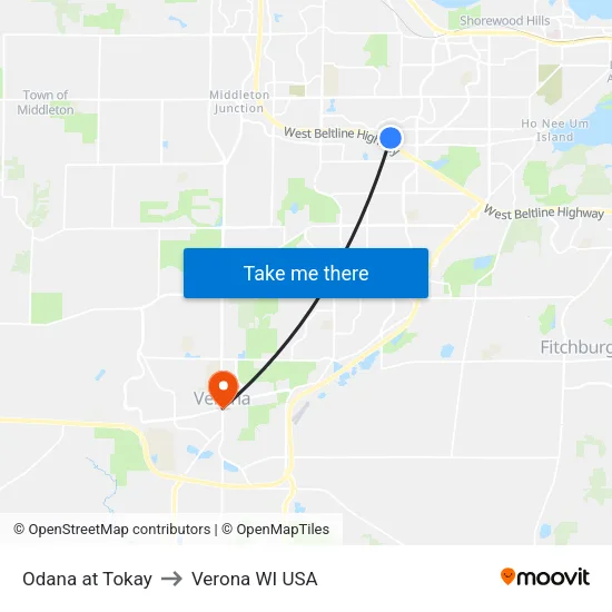 Odana at Tokay to Verona WI USA map
