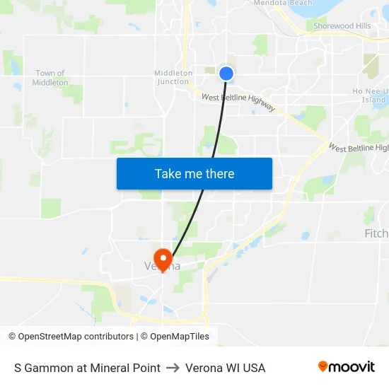 S Gammon at Mineral Point to Verona WI USA map