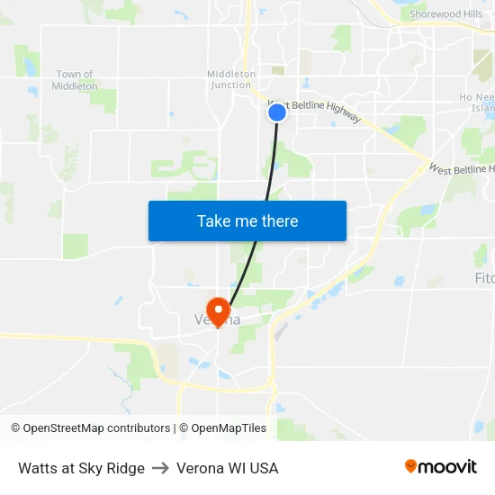 Watts at Sky Ridge to Verona WI USA map