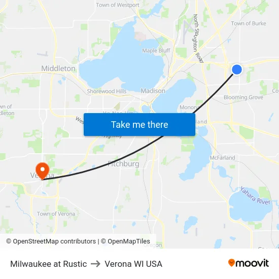 Milwaukee at Rustic to Verona WI USA map