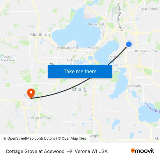 Cottage Grove at Acewood to Verona WI USA map