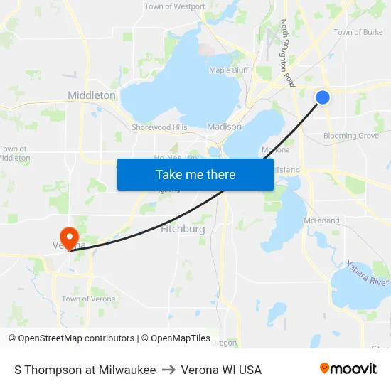 S Thompson at Milwaukee to Verona WI USA map