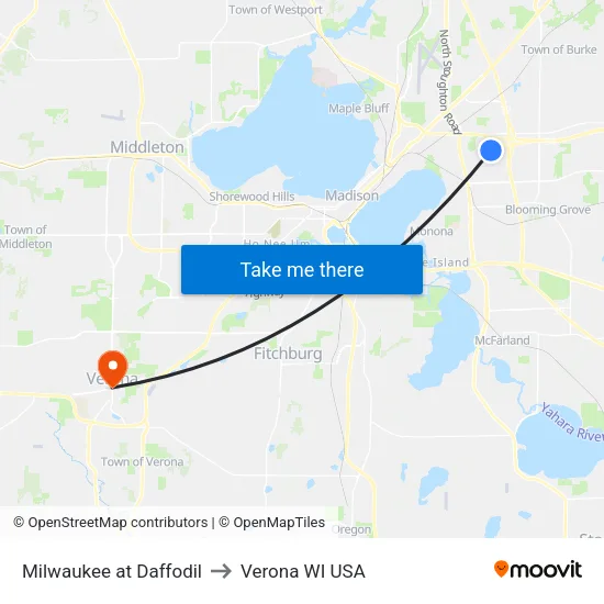 Milwaukee at Daffodil to Verona WI USA map
