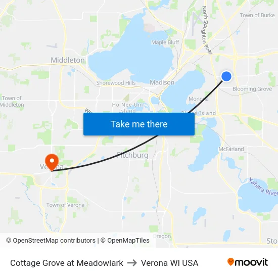 Cottage Grove at Meadowlark to Verona WI USA map
