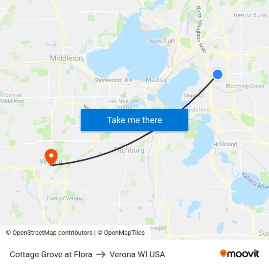 Cottage Grove at Flora to Verona WI USA map