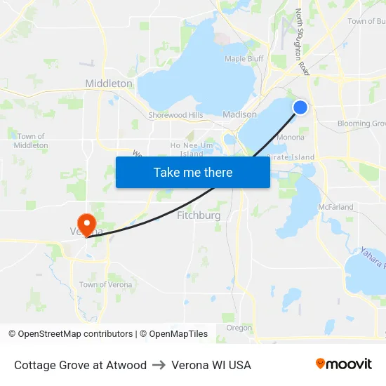 Cottage Grove at Atwood to Verona WI USA map