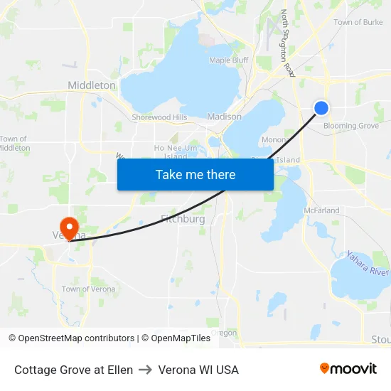 Cottage Grove at Ellen to Verona WI USA map