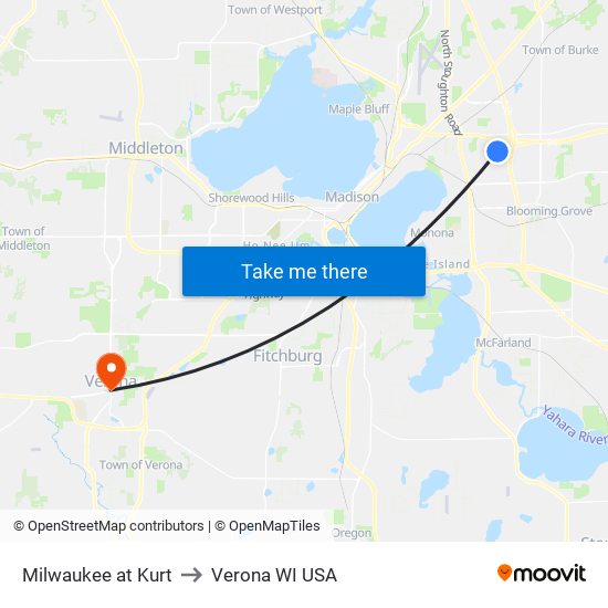 Milwaukee at Kurt to Verona WI USA map