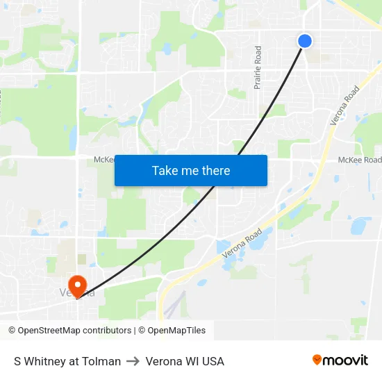 S Whitney at Tolman to Verona WI USA map
