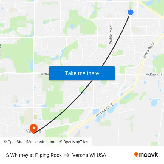 S Whitney at Piping Rock to Verona WI USA map
