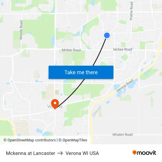 Mckenna at Lancaster to Verona WI USA map