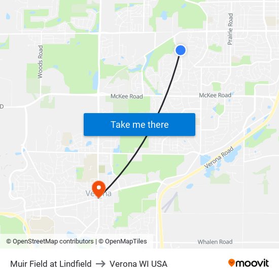 Muir Field at Lindfield to Verona WI USA map
