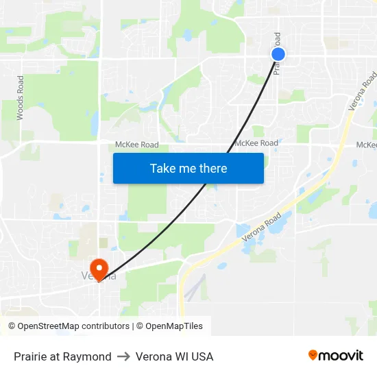 Prairie at Raymond to Verona WI USA map