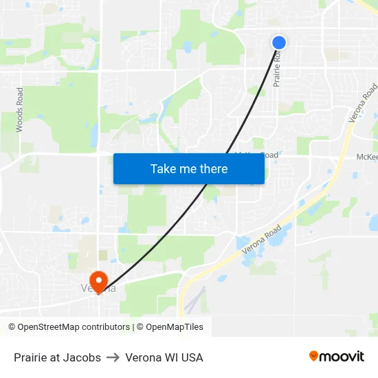 Prairie at Jacobs to Verona WI USA map