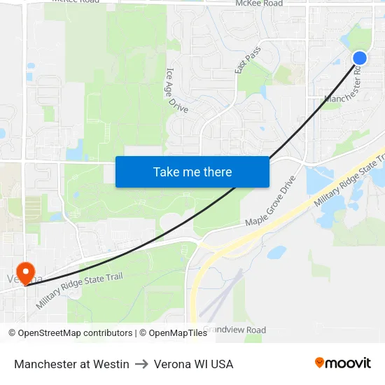Manchester at Westin to Verona WI USA map