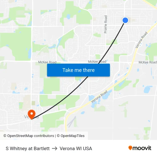 S Whitney at Bartlett to Verona WI USA map