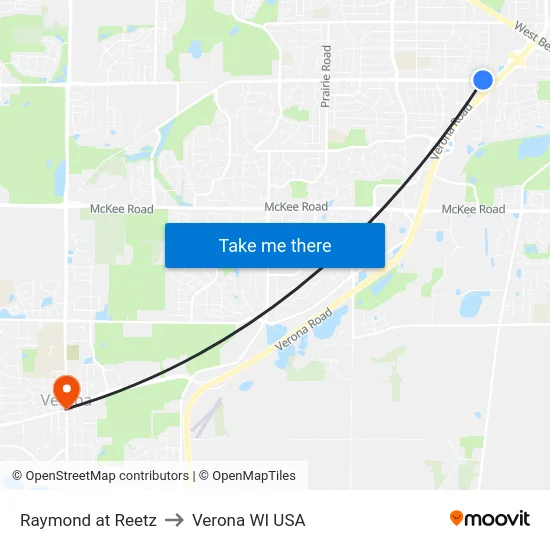 Raymond at Reetz to Verona WI USA map