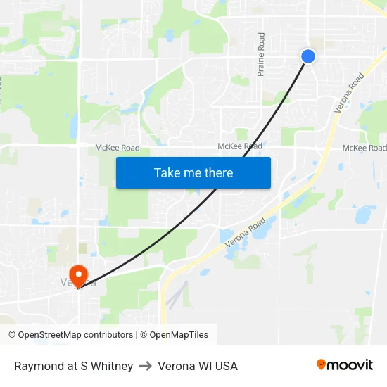 Raymond at S Whitney to Verona WI USA map