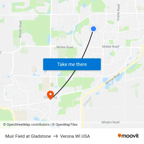 Muir Field at Gladstone to Verona WI USA map