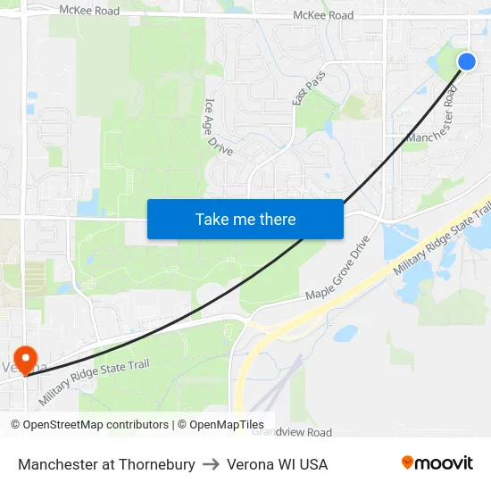 Manchester at Thornebury to Verona WI USA map