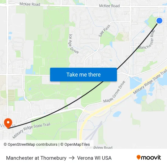 Manchester at Thornebury to Verona WI USA map