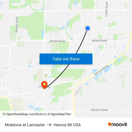 Mckenna at Lancaster to Verona WI USA map