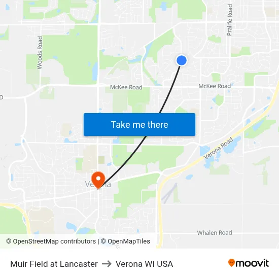 Muir Field at Lancaster to Verona WI USA map