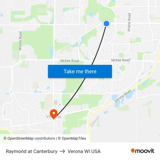 Raymond at Canterbury to Verona WI USA map