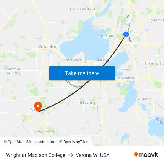 Wright at Madison College to Verona WI USA map