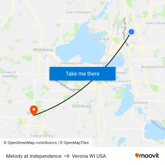 Melody at Independence to Verona WI USA map