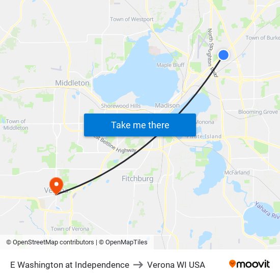 E Washington at Independence to Verona WI USA map