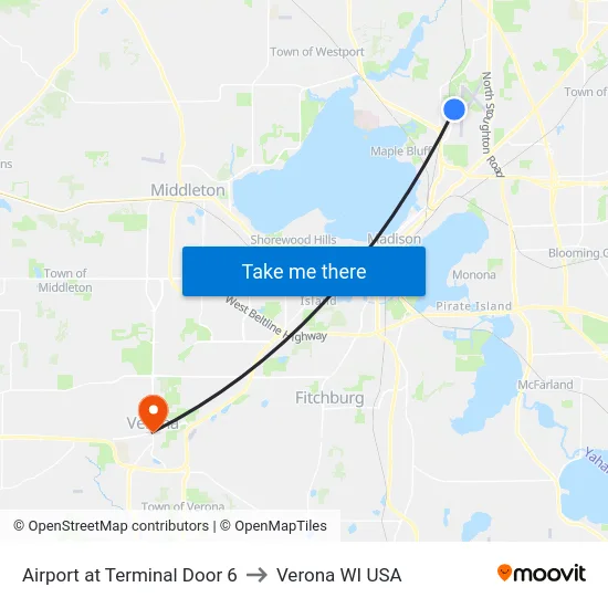 Airport at Terminal Door 6 to Verona WI USA map