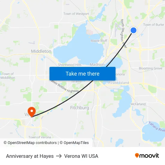 Anniversary at Hayes to Verona WI USA map