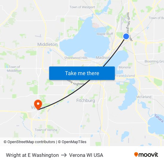 Wright at E Washington to Verona WI USA map