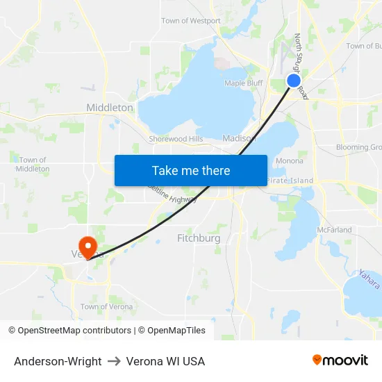Anderson-Wright to Verona WI USA map