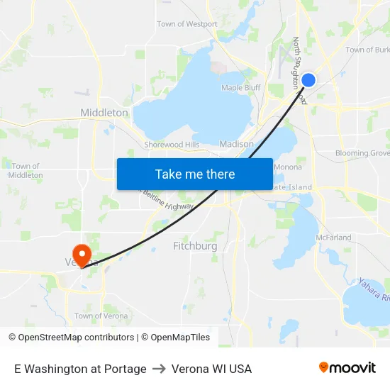 E Washington at Portage to Verona WI USA map