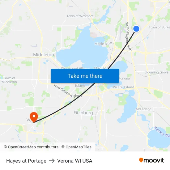 Hayes at Portage to Verona WI USA map