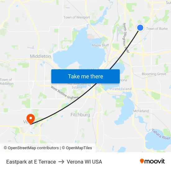 Eastpark at E Terrace to Verona WI USA map
